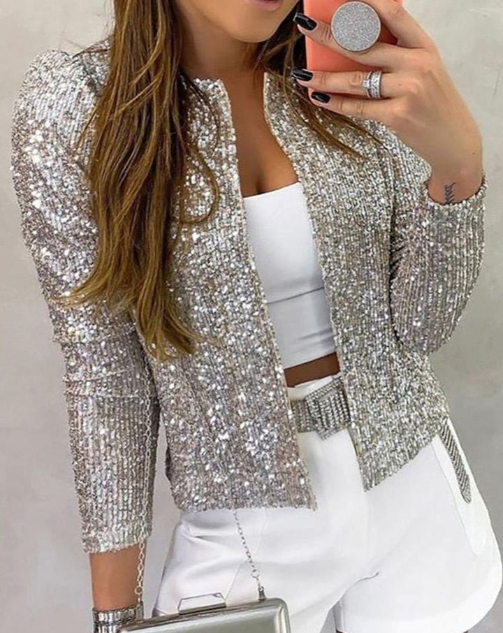Women's Open-Front Sequin Sparkle Party Jacket - Silver