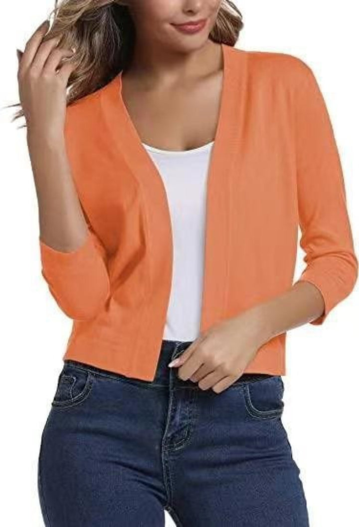 Women's Open-Front Three-Quarter Sleeve Cropped Cardigan - Orange