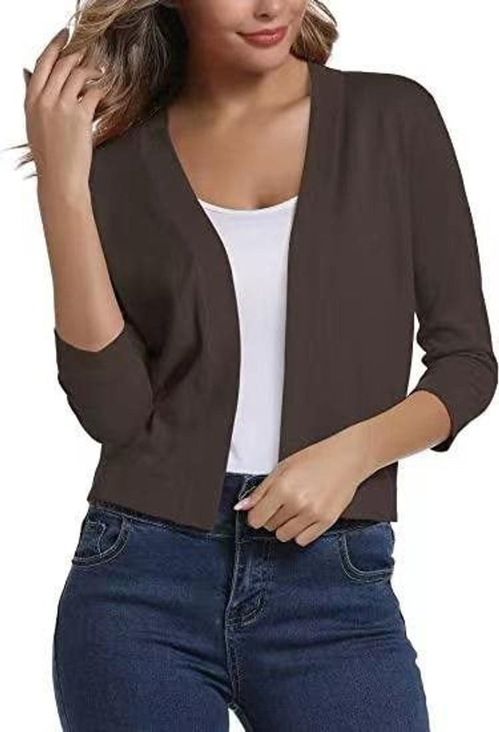 Women's Open-Front Three-Quarter Sleeve Cropped Cardigan - Brown