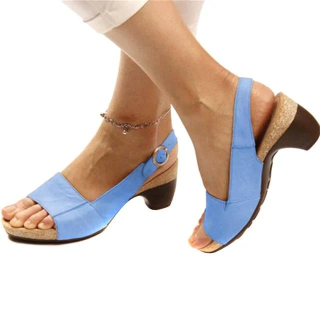 Women's Open-Toe Block Heel Slingback Buckle Sandals - Blue