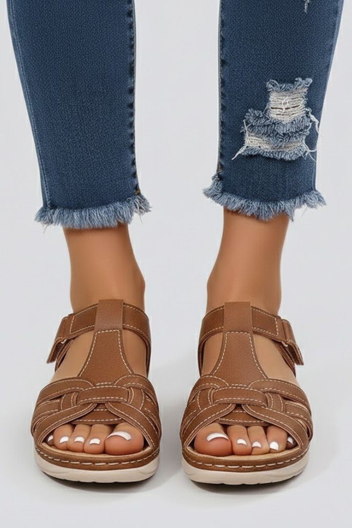 Women's Open-Toe Woven-Strap Flat Velcro Sandals - Brown