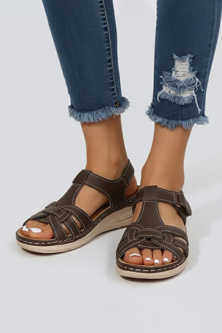 Women's Open-Toe Woven-Strap Flat Velcro Sandals - Dark Brown