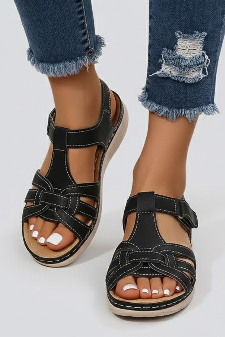Women's Open-Toe Woven-Strap Flat Velcro Sandals - Black