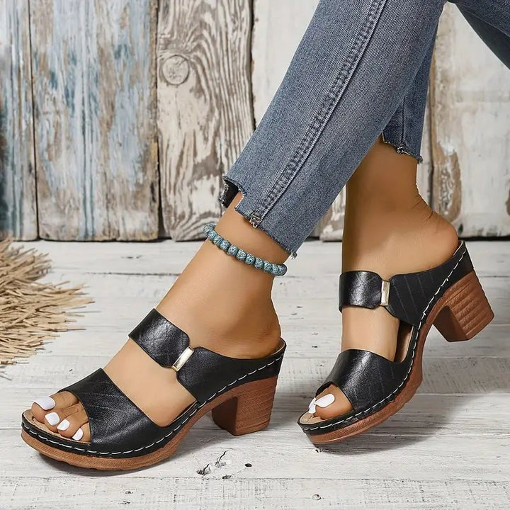 Women's Orthopedic Block Heel Platform Sandals - Black