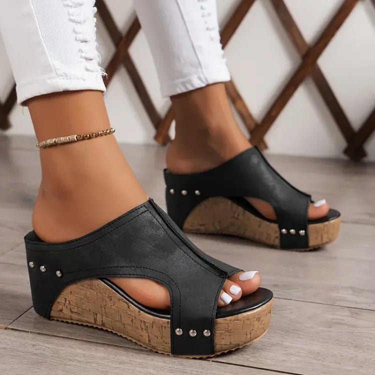 Women's Orthopedic Cork Wedge Platform Sandals - Black