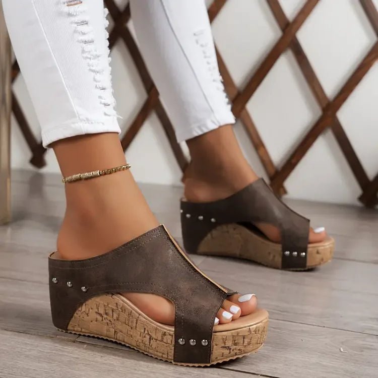 Women's Orthopedic Cork Wedge Platform Sandals - Brown