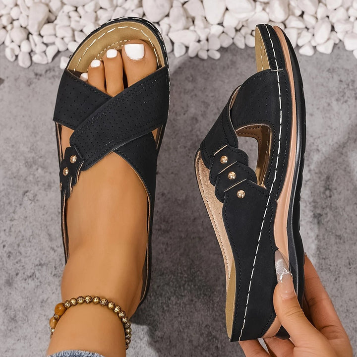 Women's Orthopedic Cross-Strap Wedge Sandals - Black