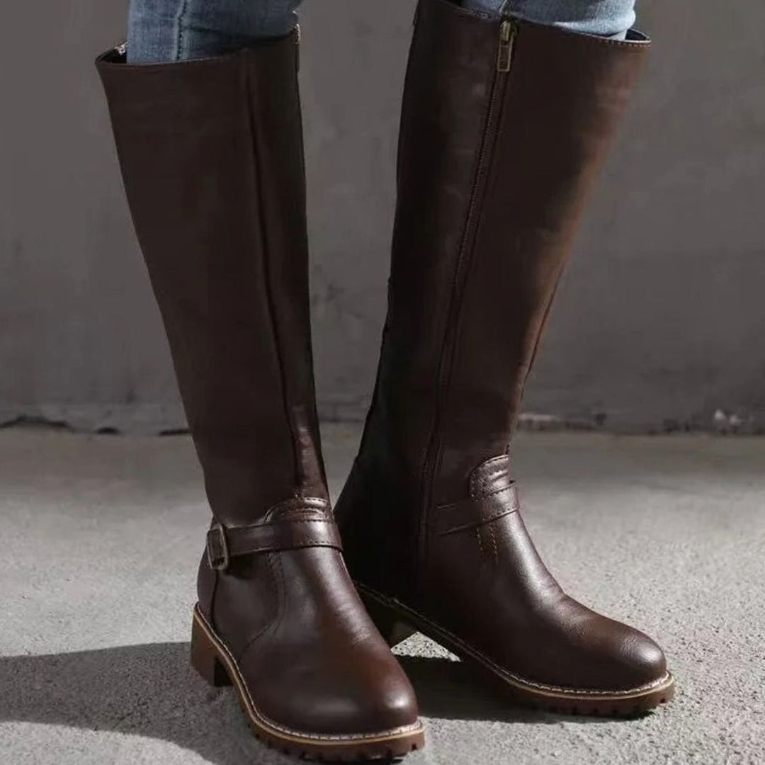 Women's Orthopedic Knee-High Buckle Leather Boots - Dark Brown