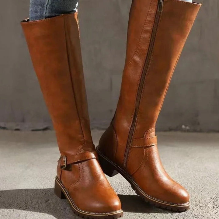 Women's Orthopedic Knee-High Buckle Leather Boots - Light Brown