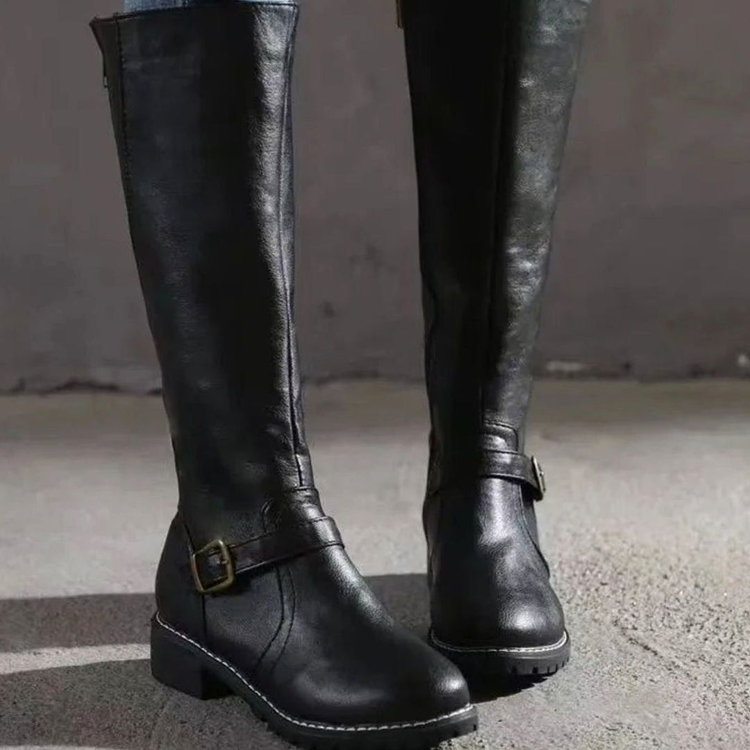 Women's Orthopedic Knee-High Buckle Leather Boots - Black