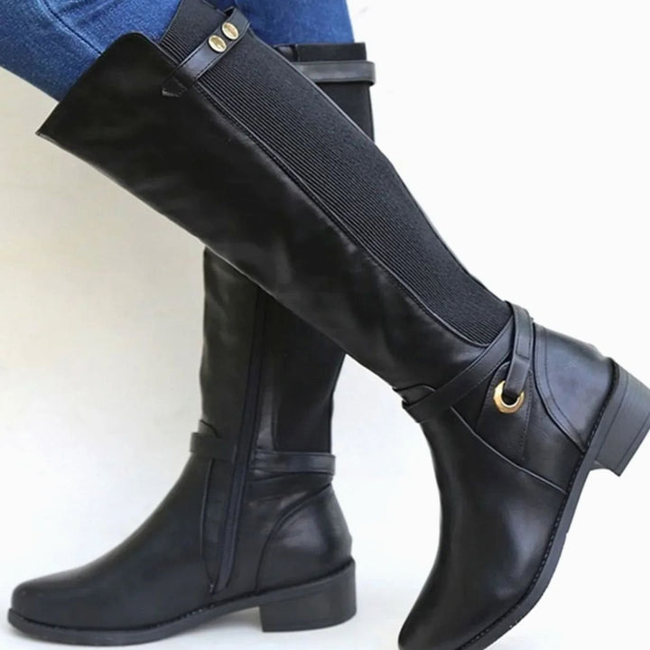 Women's Orthopedic Knee-High Leather Boots Elastic Panel - Black