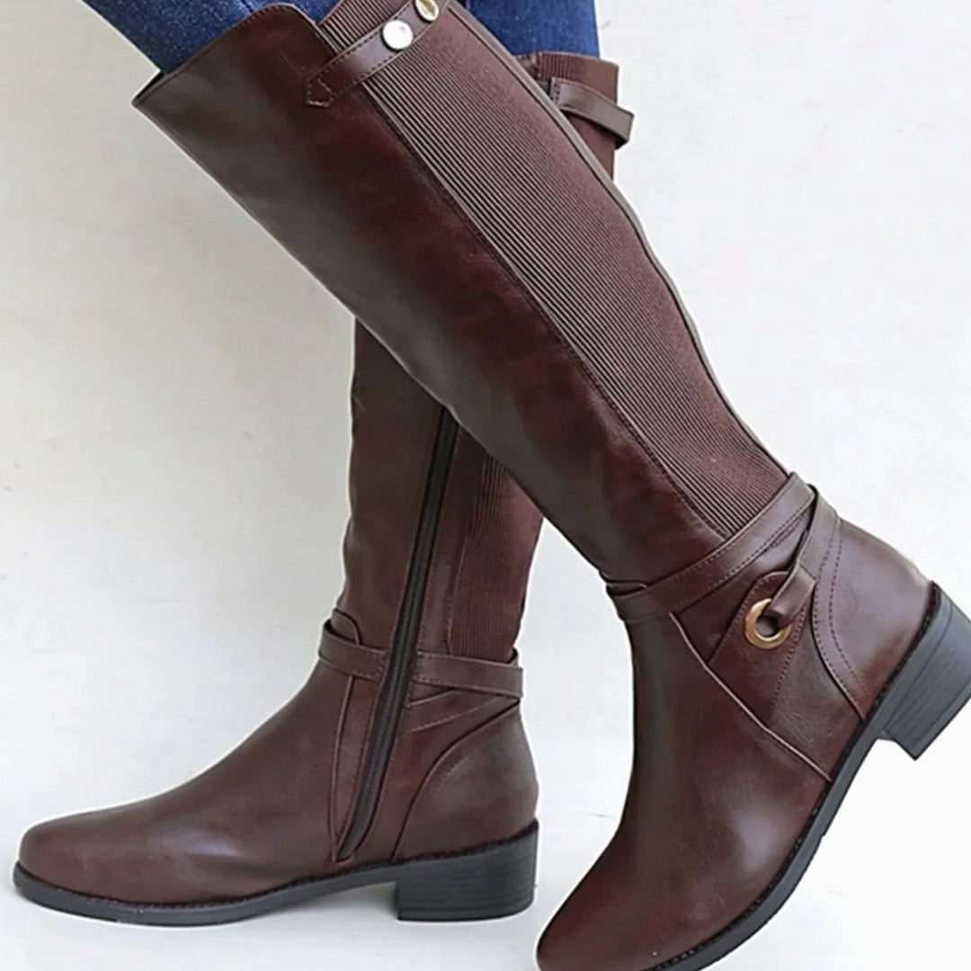 Women's Orthopedic Knee-High Leather Boots Elastic Panel - Brown