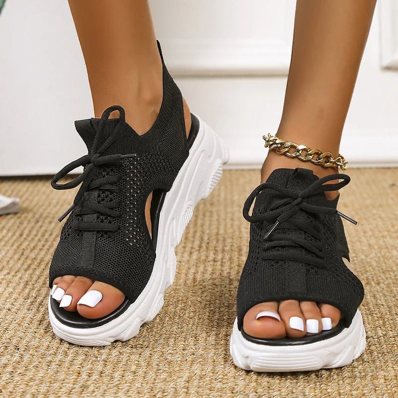 Women's Orthopedic Knit Lace-Up Athletic Sandals - Black
