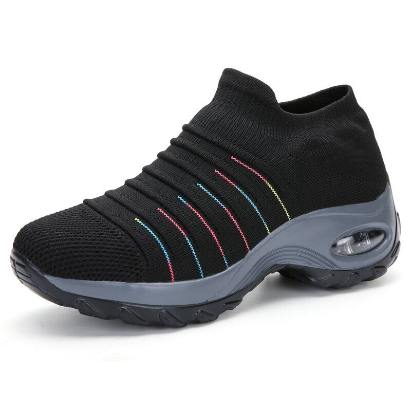 Women's Orthopedic Knit Slip-On Trainers - Black (Colored Stripes)