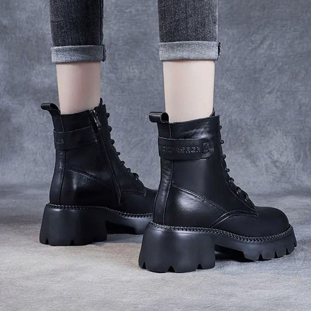 Women's Orthopedic Lace-Up Black Ankle Boots Lug Sole - Black