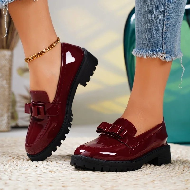 Women's Orthopedic Loafers Patent Leather Slip-On Bow - Burgundy
