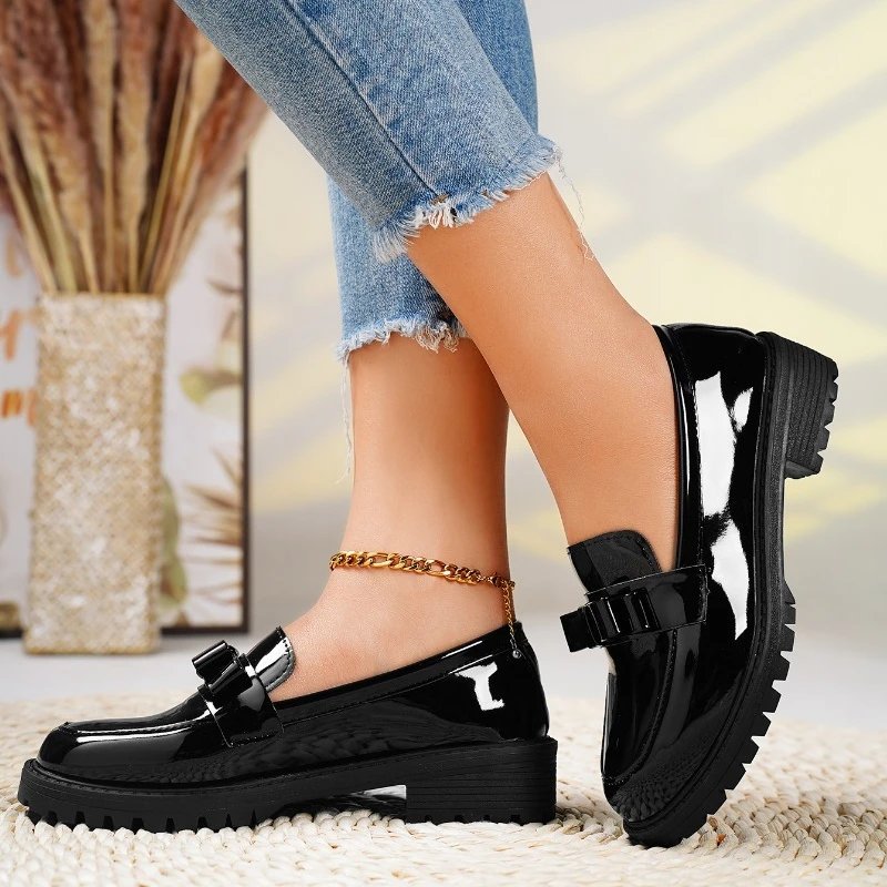 Women's Orthopedic Loafers Patent Leather Slip-On Bow - Black