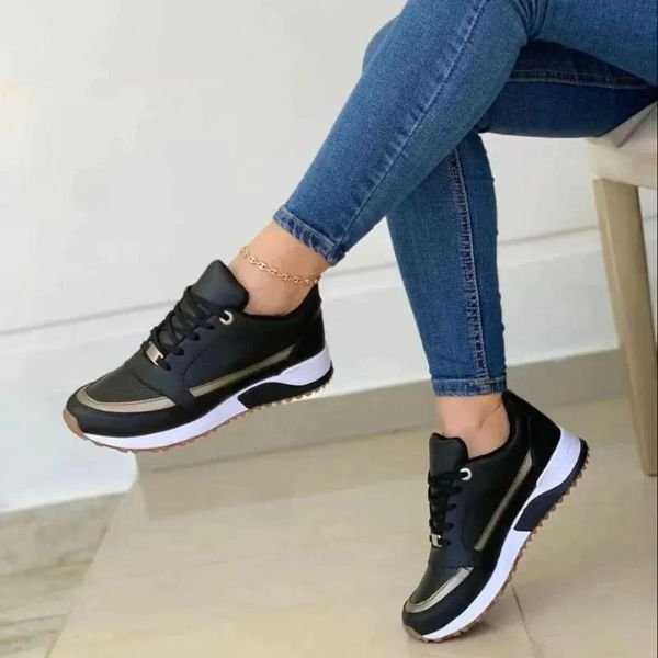 Women's Orthopedic Memory-Foam Lace-Up Trainers - Zwart