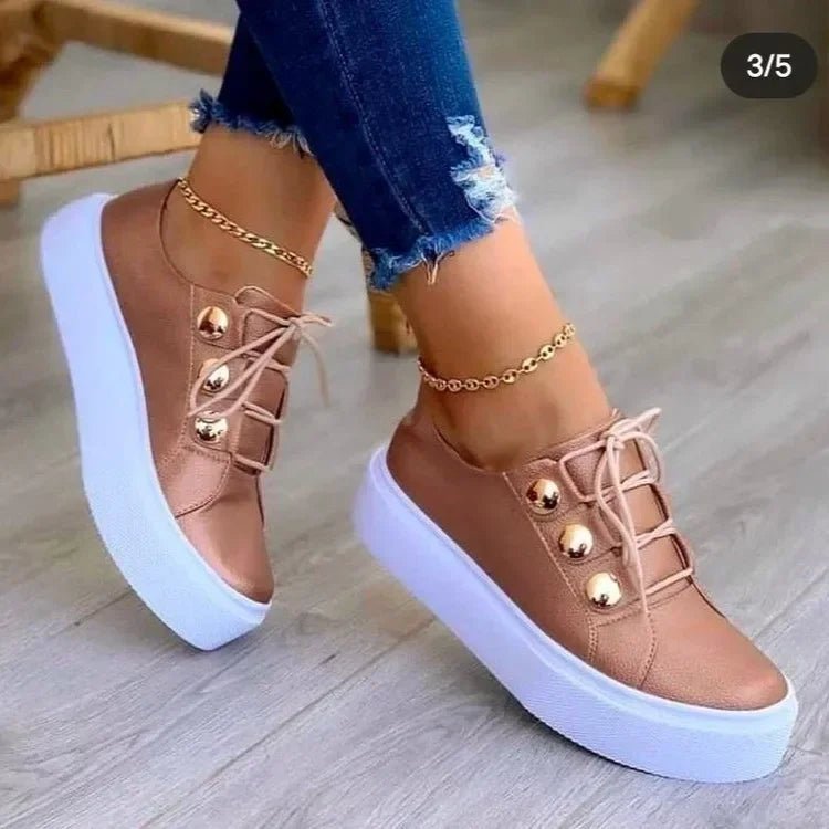 Women's Orthopedic Platform Lace-Up Gold-Stud Trainers - Rose Gold