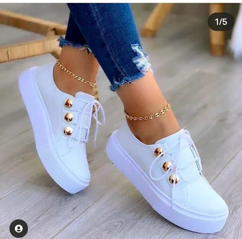 Women's Orthopedic Platform Lace-Up Gold-Stud Trainers - White (Almost sold out!)