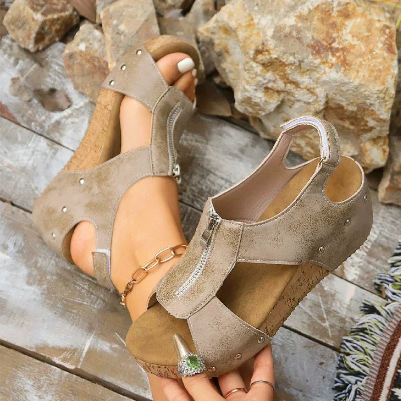 Women's Orthopedic Sandals Cork Wedge Zip-Front Platform - Beige