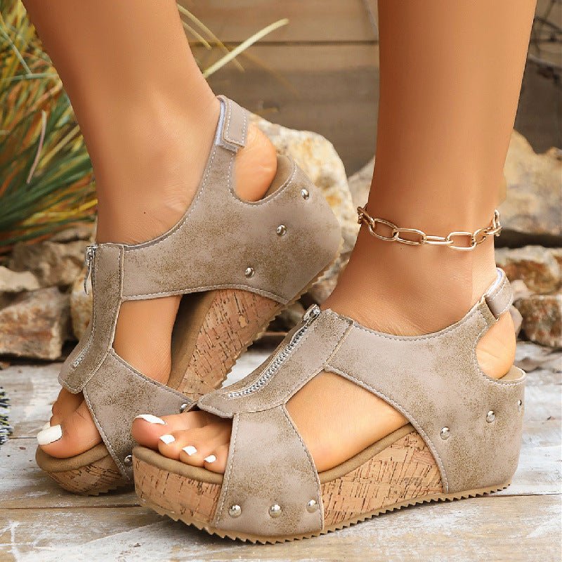 Women's Orthopedic Sandals Cork Wedge Zip-Front Platform