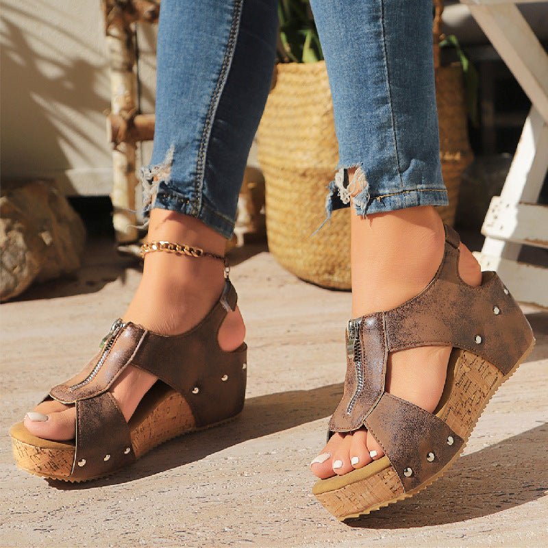 Women's Orthopedic Sandals Cork Wedge Zip-Front Platform