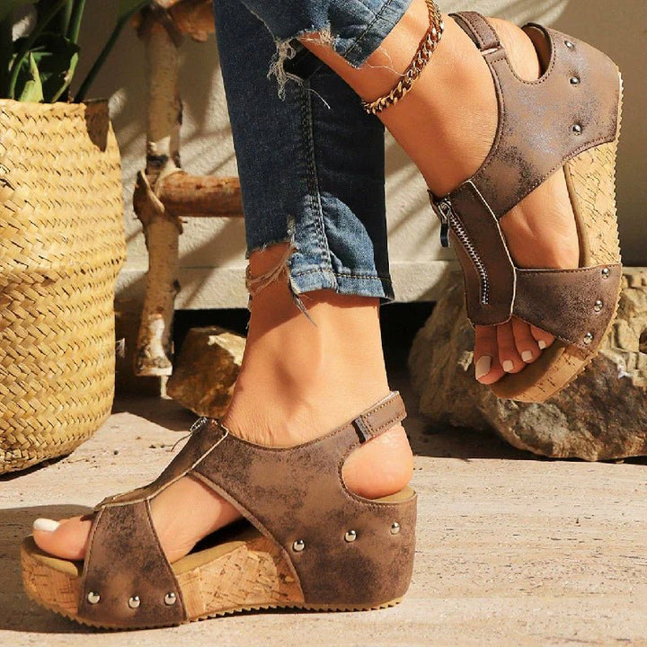 Women's Orthopedic Sandals Cork Wedge Zip-Front Platform