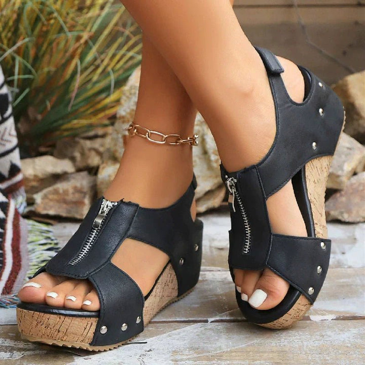 Women's Orthopedic Sandals Cork Wedge Zip-Front Platform - Black