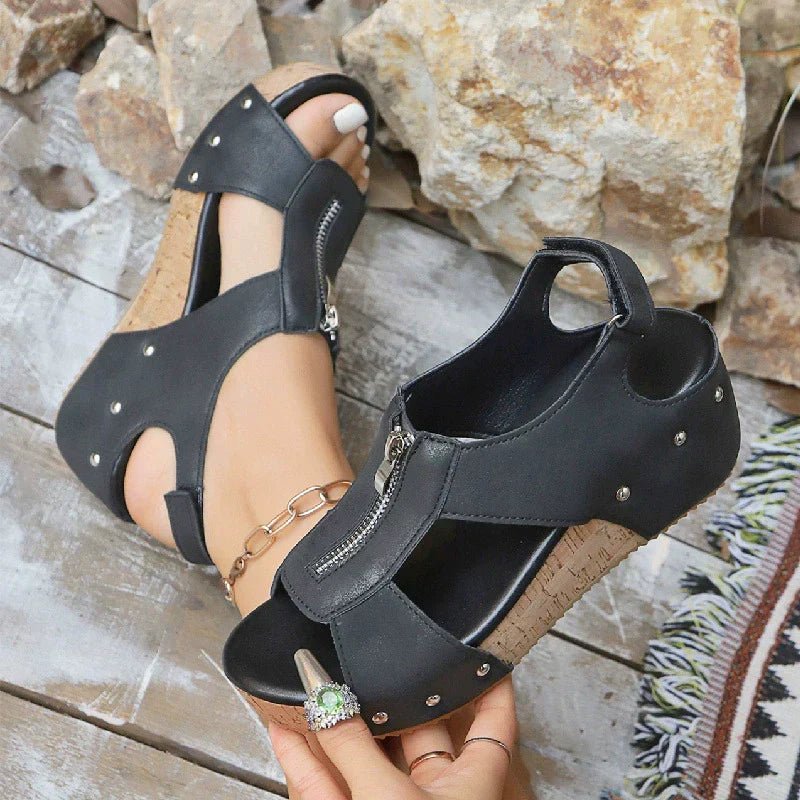 Women's Orthopedic Sandals Cork Wedge Zip-Front Platform