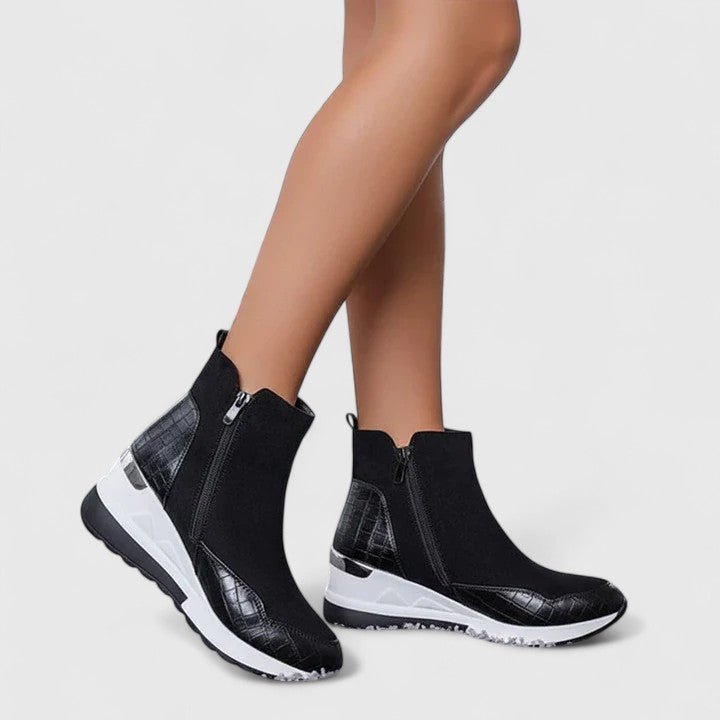 Women's Orthopedic Wedge Ankle Boots Zip-Up Croc-Panel Trainers - Black