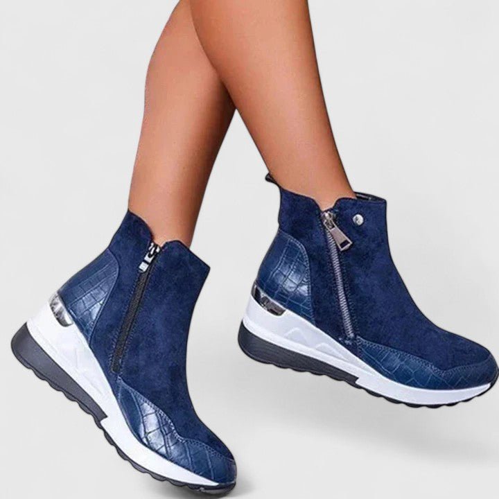Women's Orthopedic Wedge Ankle Boots Zip-Up Croc-Panel Trainers - Blue