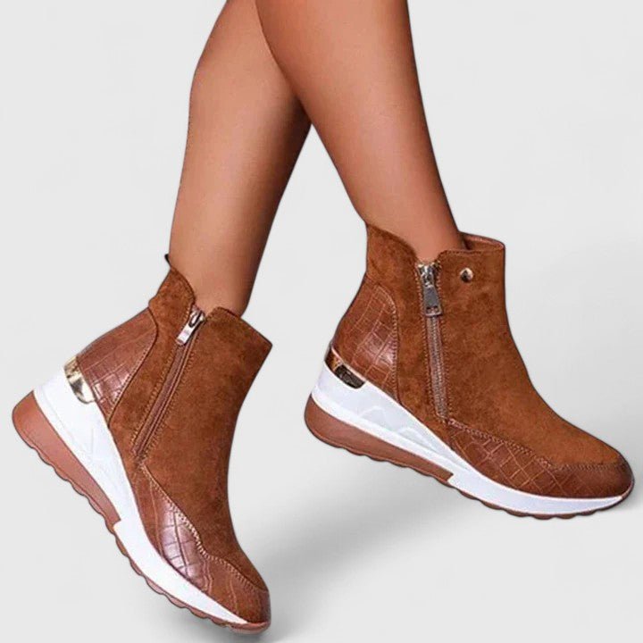 Women's Orthopedic Wedge Ankle Boots Zip-Up Croc-Panel Trainers - Brown