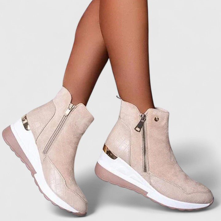 Women's Orthopedic Wedge Ankle Boots Zip-Up Croc-Panel Trainers - Beige