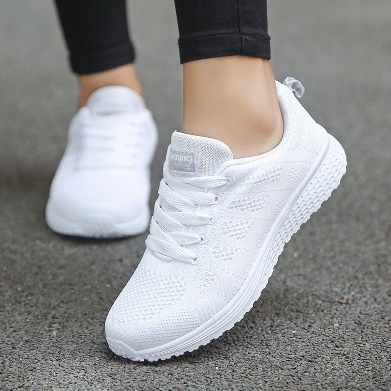 Women's Orthopedic Wide-Fit Lace-Up Mesh Knit Trainers - White