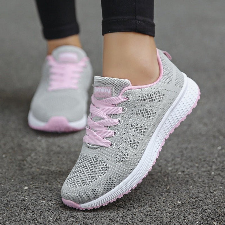 Women's Orthopedic Wide-Fit Lace-Up Mesh Knit Trainers - Grayish Pink