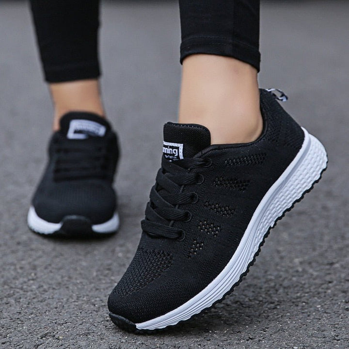 Women's Orthopedic Wide-Fit Lace-Up Mesh Knit Trainers - Black