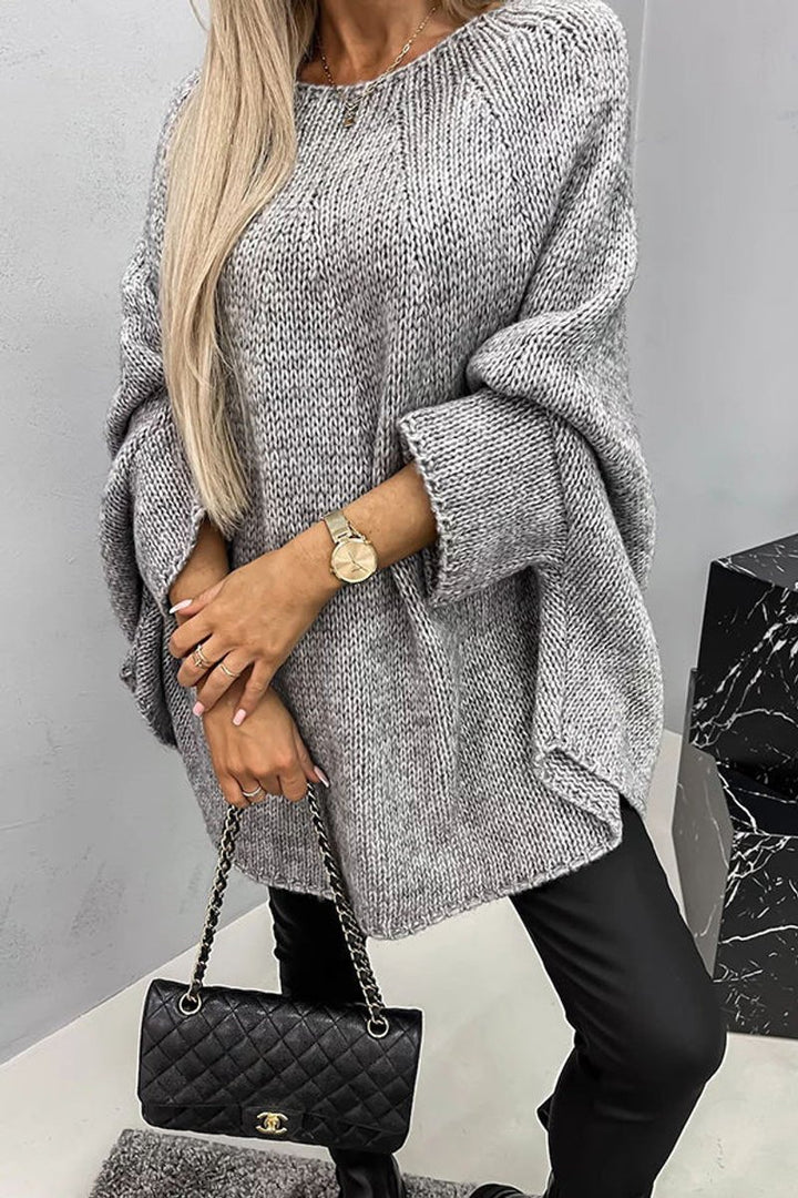 Women's Oversized Batwing-Sleeve Round-Neck Knit Sweater - Grey