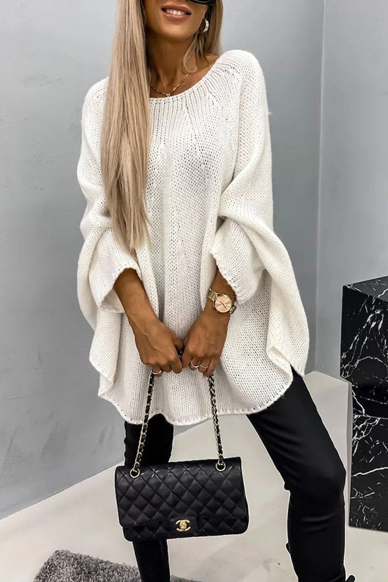 Women's Oversized Batwing-Sleeve Round-Neck Knit Sweater - Cream