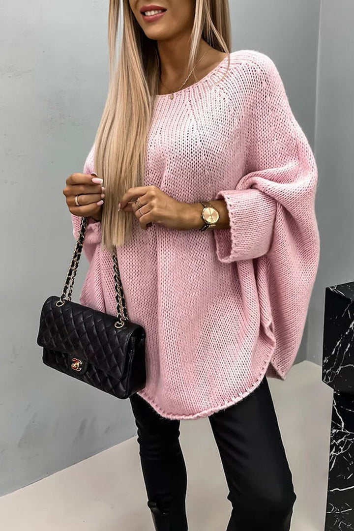 Women's Oversized Batwing-Sleeve Round-Neck Knit Sweater - Pink
