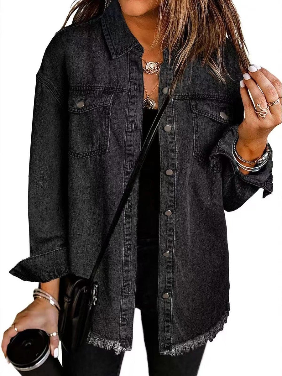 Women's Oversized Black Denim Jacket Longline Frayed Hem - Black