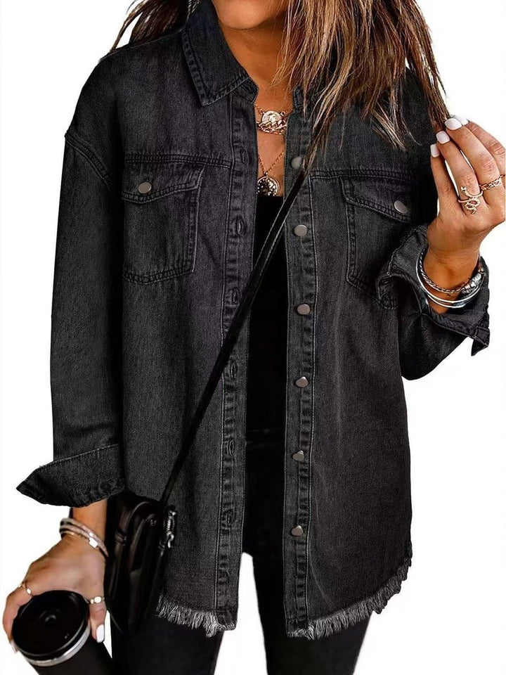 Women's Oversized Black Denim Jacket Longline Frayed Hem - Black