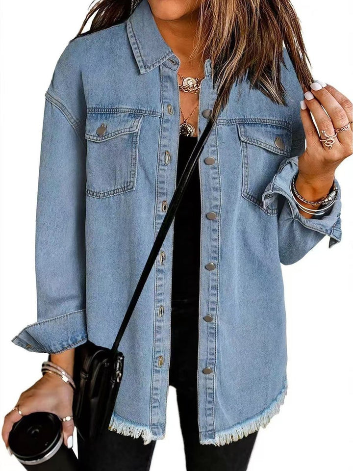 Women's Oversized Black Denim Jacket Longline Frayed Hem - Light Blue