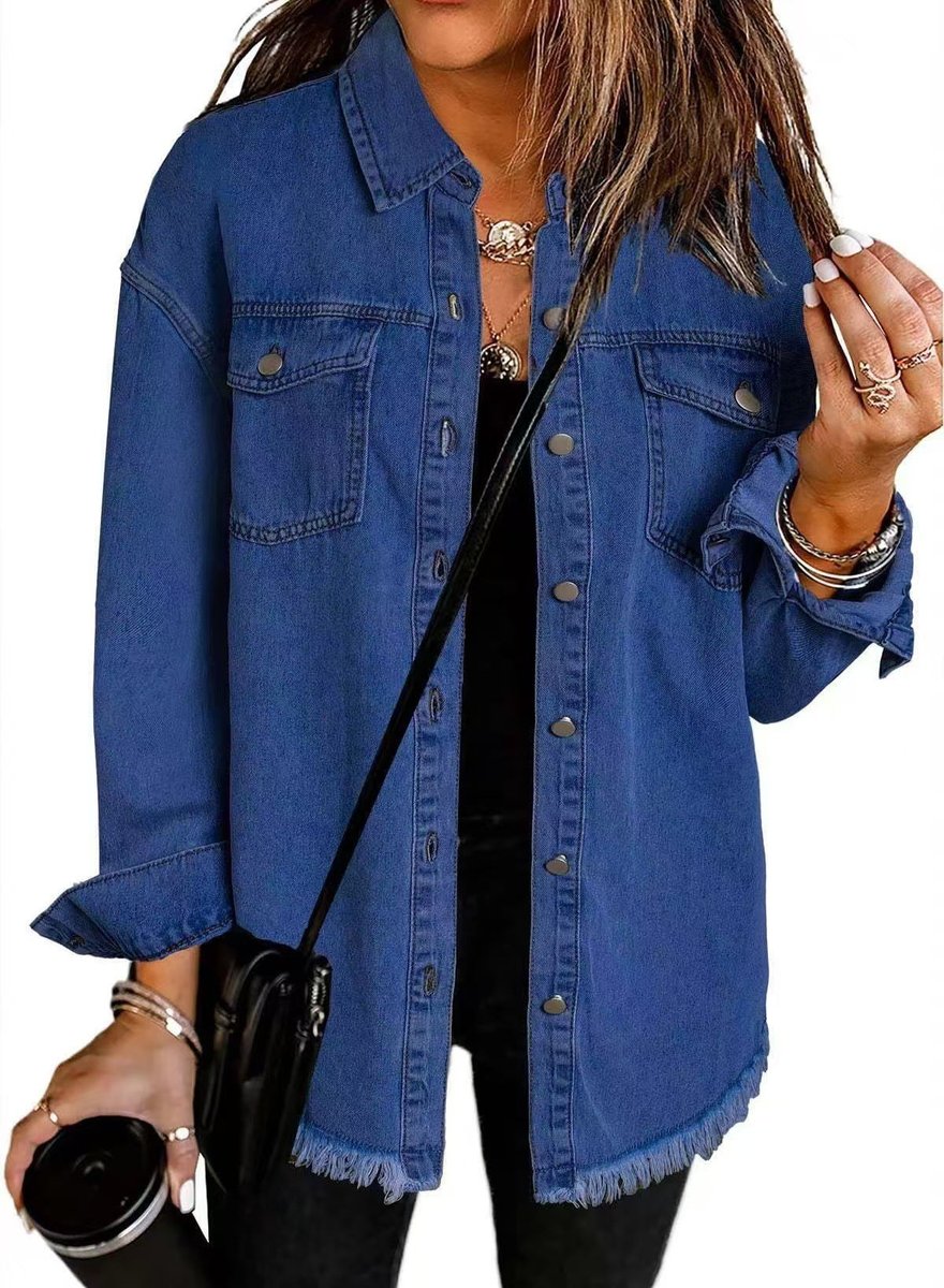 Women's Oversized Black Denim Jacket Longline Frayed Hem - Dark Blue
