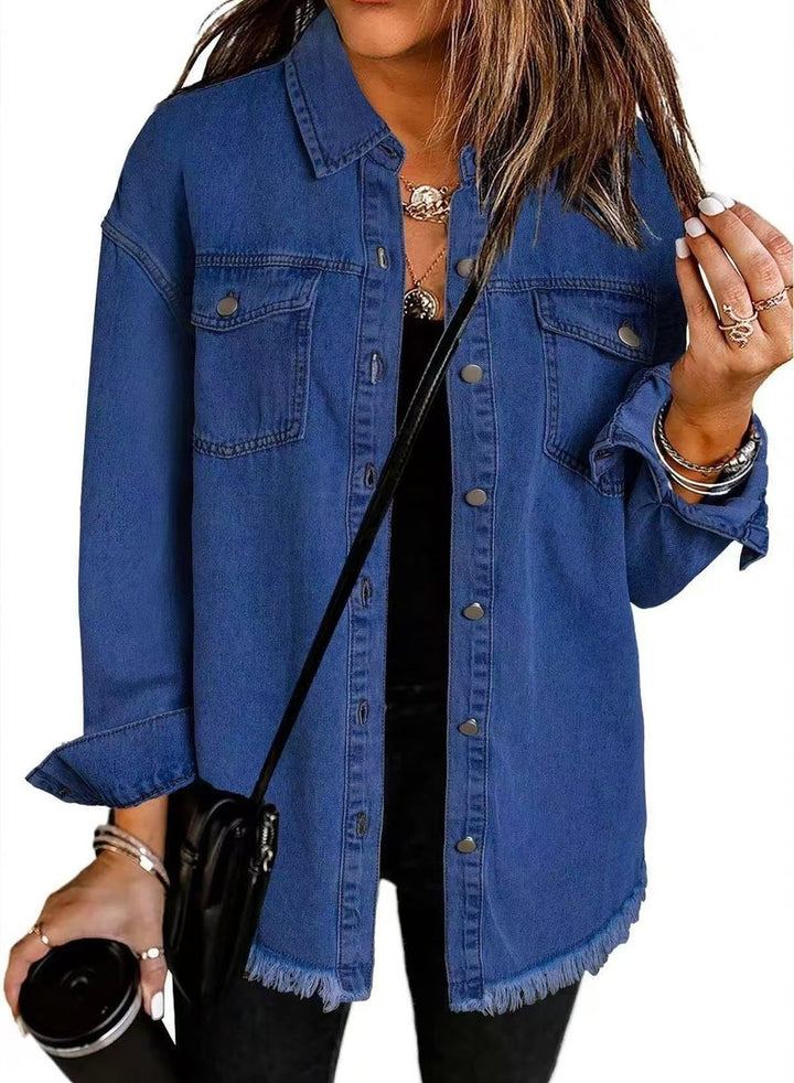 Women's Oversized Black Denim Jacket Longline Frayed Hem - Dark Blue