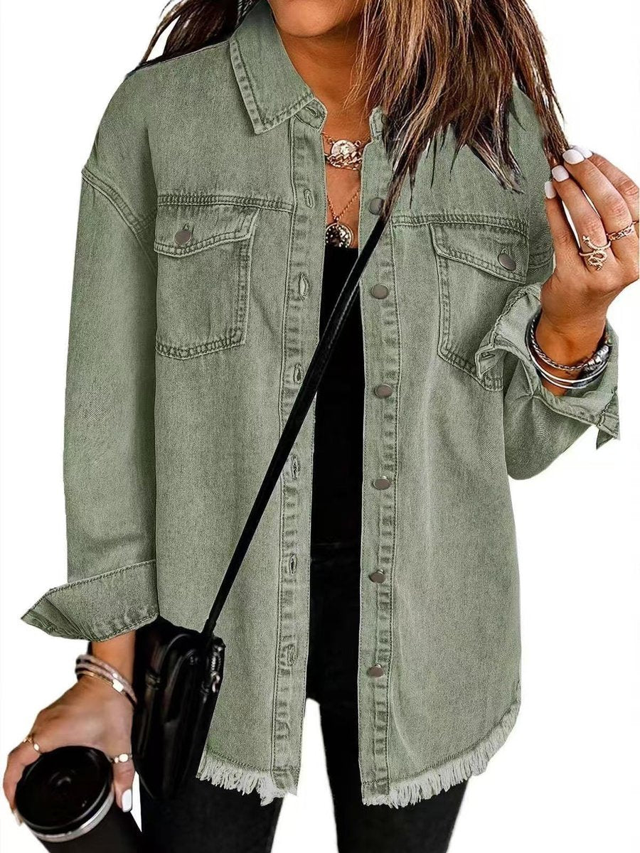 Women's Oversized Black Denim Jacket Longline Frayed Hem - Olive Green