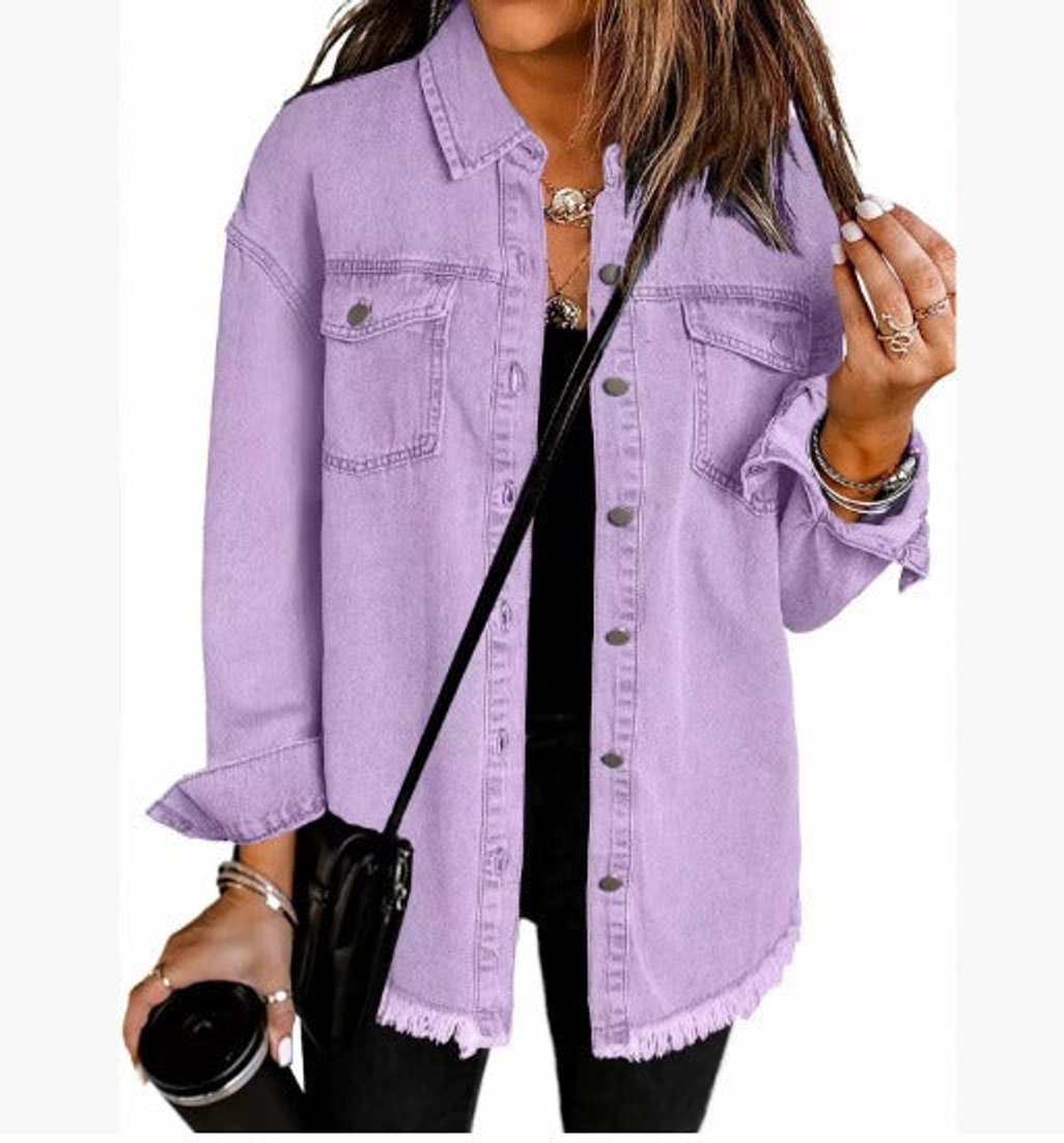 Women's Oversized Black Denim Jacket Longline Frayed Hem