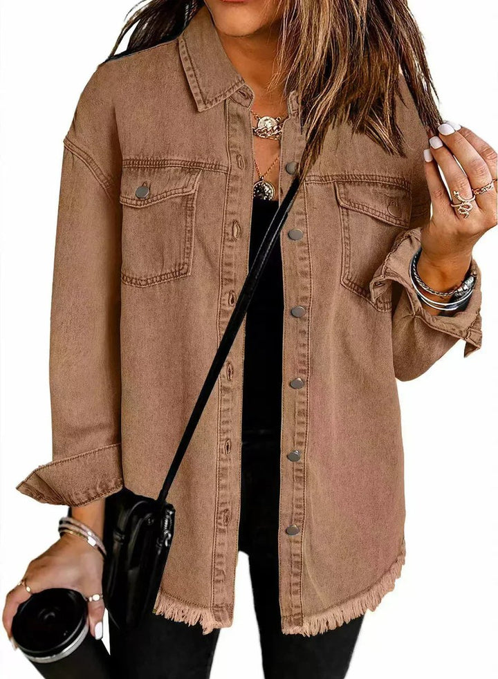 Women's Oversized Black Denim Jacket Longline Frayed Hem - Brown
