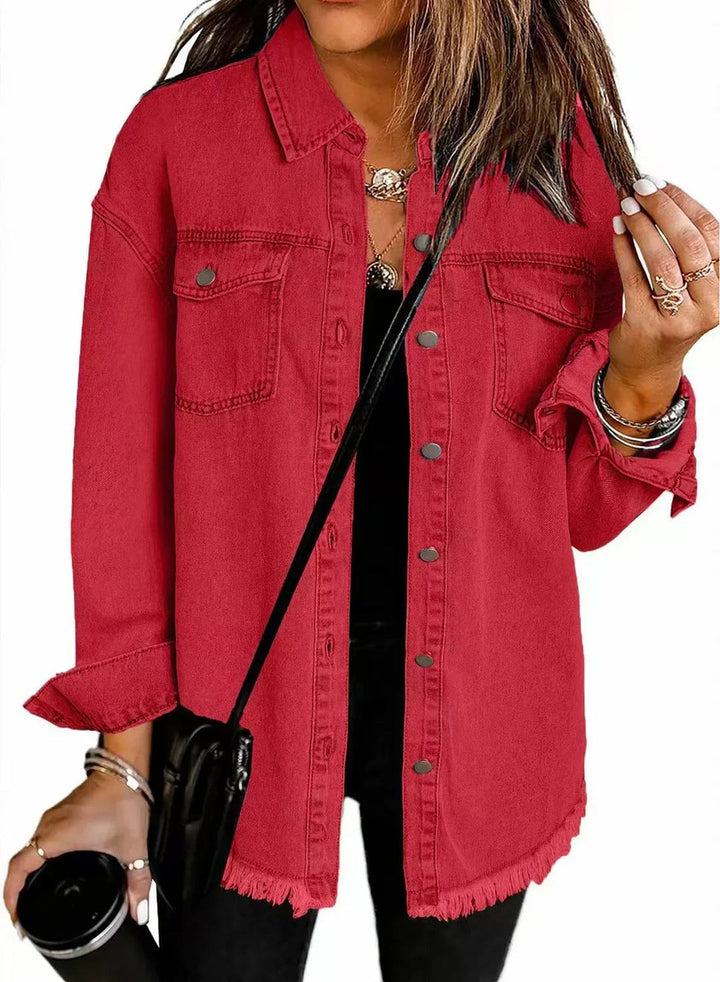 Women's Oversized Black Denim Jacket Longline Frayed Hem - Red