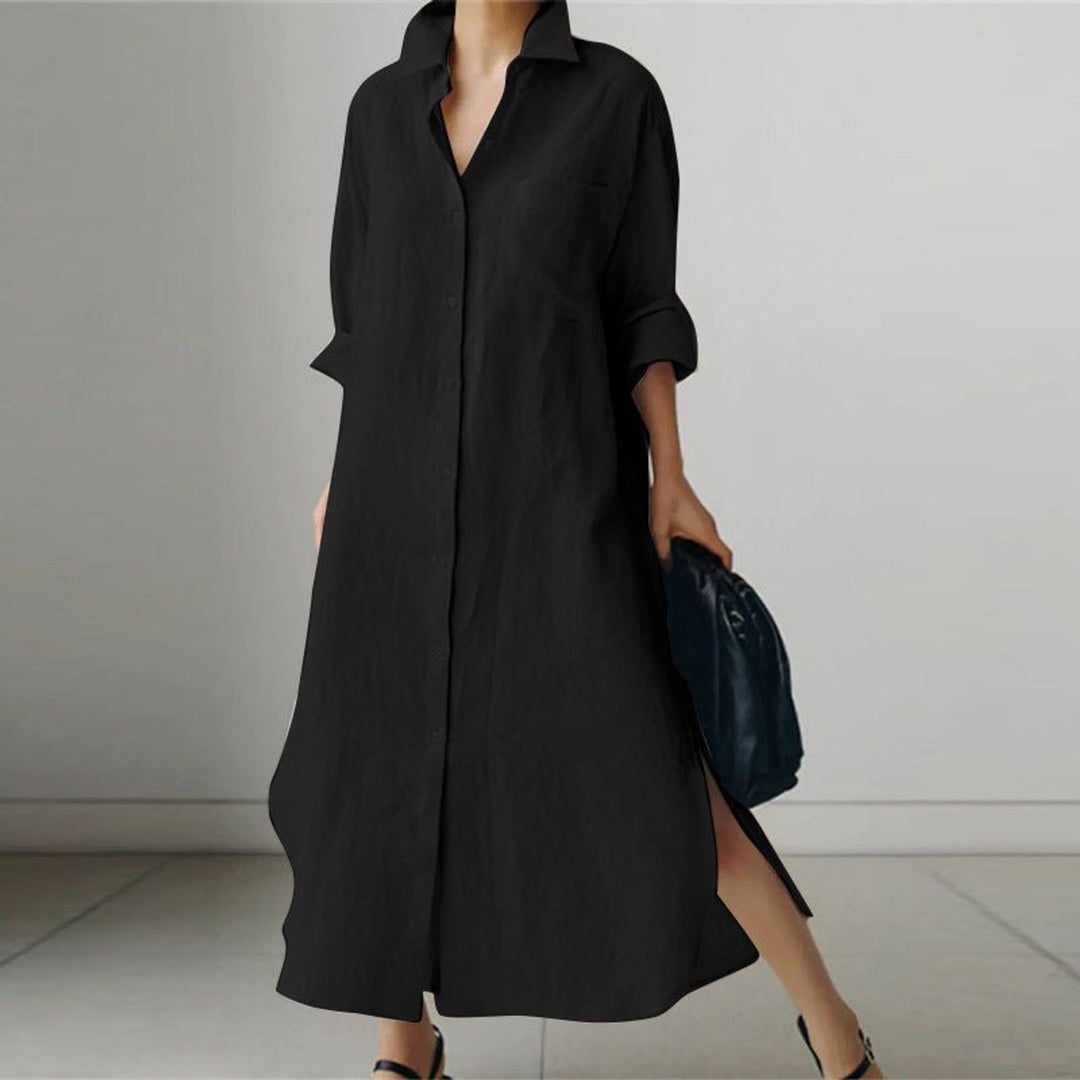 Women's Oversized Button-Down Long Sleeve Dress Collared Shirt - Black